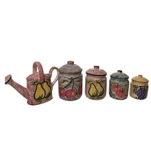 VTG Hand Painted Ceramic Fruit Watering Can & Canister Set Cherrie Pear Apple